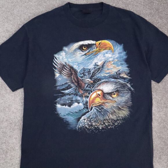 VTG Bald Eagle Nature Animals Biker Large Blue Short Sleeve T-Shirt - Picture 5 of 9